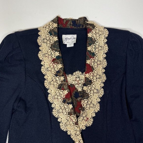 Vtg Jeffrey and Dara Women's Sz 9/10 Blue and Paisley Blazer Jacket Lace Collar - Picture 5 of 12